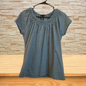 Talbots Short Sleeve Cotton Top | Braided Neckline, Blue | Women's Size L